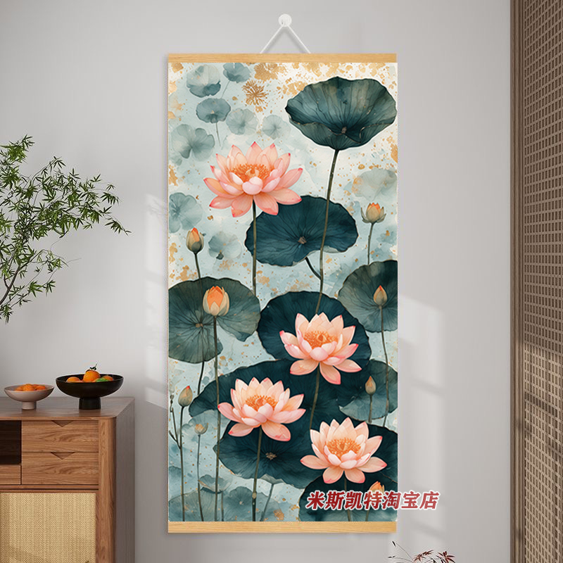 水墨中式荷花池塘办公室装饰画茶室餐厅布艺墙面挂画挂布实木卷轴图片