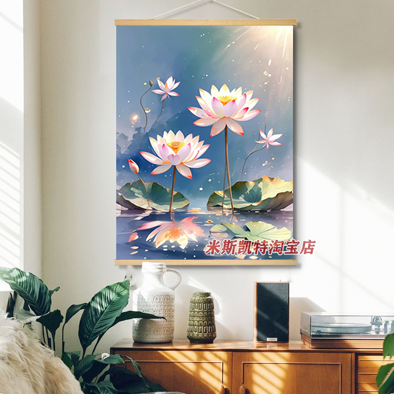 中式荷花玄关阳光池塘装饰画实木卷轴布艺挂画入户门挂墙走廊图片