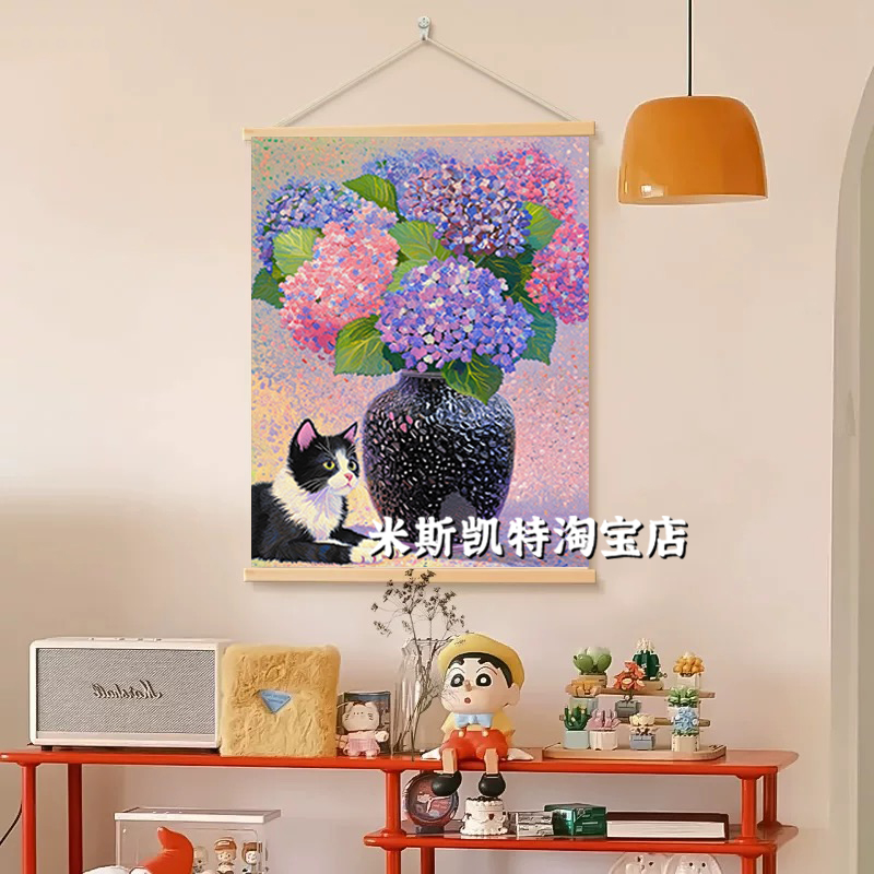 多巴胺可爱牛奶猫刺绣花挂画小众小红书推荐装饰墙面卧室玄关画图片