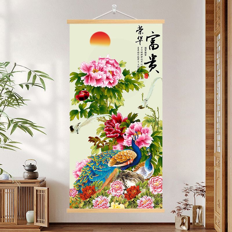 花开富贵牡丹花挂画客厅装饰画玄关入户走廊布艺背景壁画寓意吉祥图片