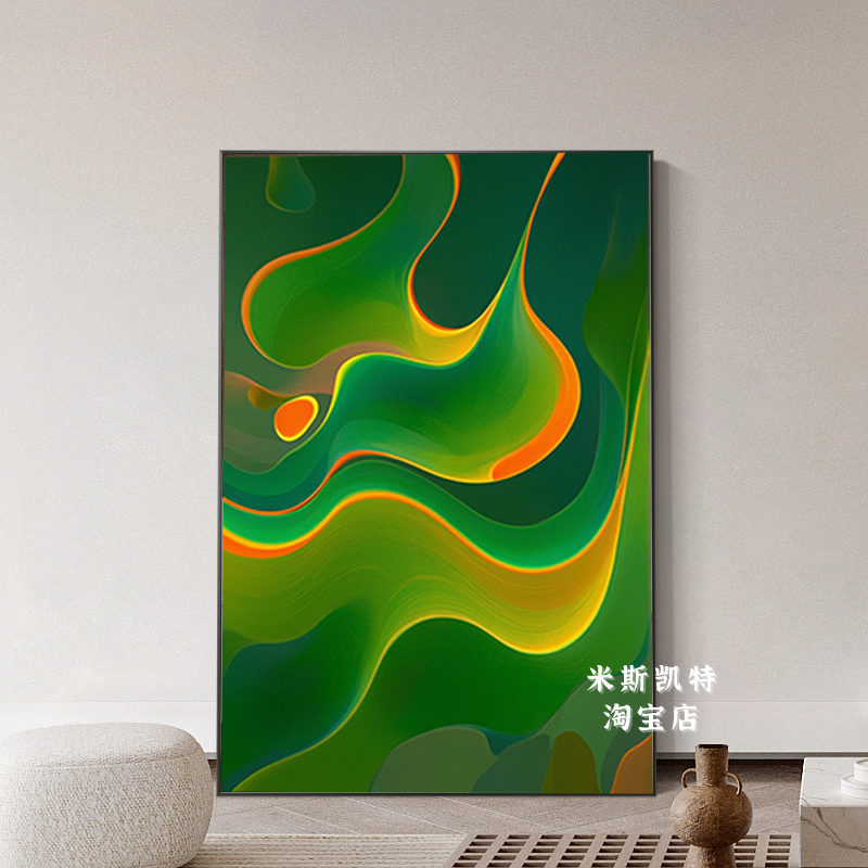 轻奢酒店装饰画野绿线条色块抽象艺术空间布置挂画样板间大落地画图片