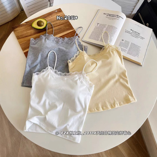 法式蕾丝花边吊带背心女带胸垫内搭外穿性感美背文胸一体打底上衣