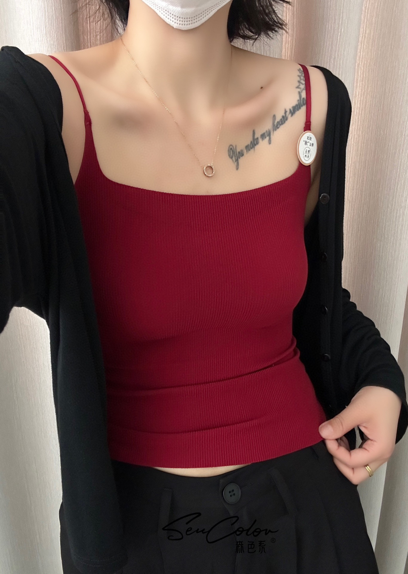 时尚简约红色吊带细肩带背心森色系方领带胸垫防下垂美背打底内衣