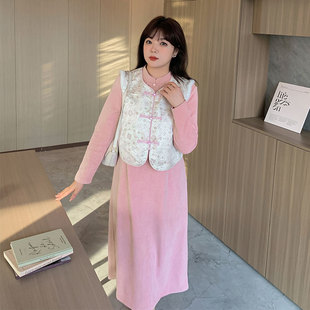 新中式连衣裙2023冬季新款220斤胖mm大码国风气质显瘦马甲两件套