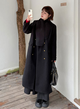 黑色毛呢外套2025冬新款220斤胖mm大码氛围感气质显瘦长款呢大衣