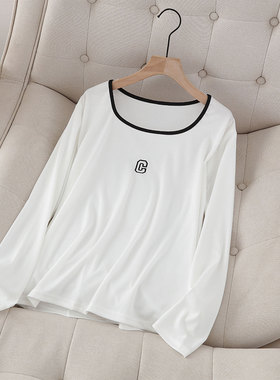 白色t恤2025秋季新款260斤胖mm加肥大码宽松显瘦方领洋气打底上衣