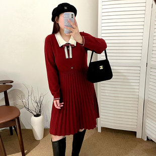 小香风连衣裙2025冬新款200斤胖mm大码POLO领气质显瘦针织百褶裙