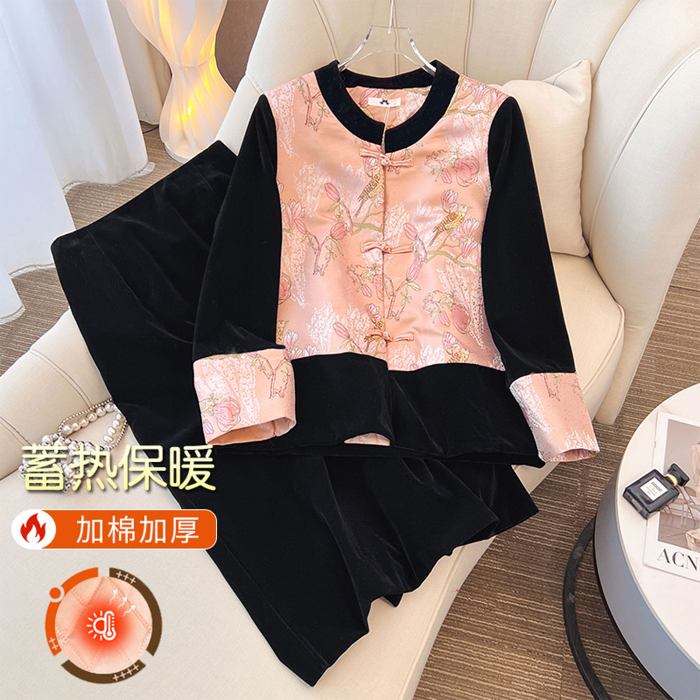 胖mm新中式气质显瘦丝绒两件套