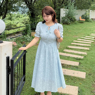 甜美气质高腰显瘦长裙 蓝色连衣裙2025夏季 新款 220斤胖mm大码 法式