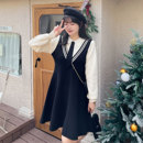 学院风连衣裙冬2025年新款 高腰遮肉显瘦针织假两件 200斤胖mm大码