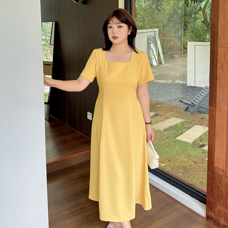 胖mm法式方领气质收腰黄色连衣裙