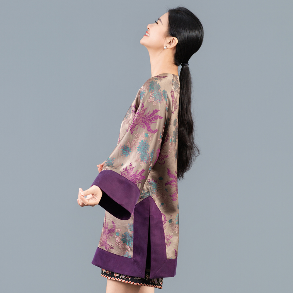 【紫气东来】香云纱提花斜襟拼接圆领上衣女装唐装国风中式250804
