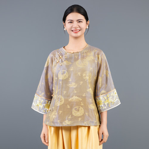 【蝶舞涧】浮光锦 圆领刺绣花纹薄款上衣小衫新中式国风250698T