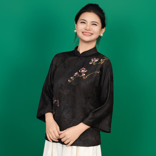 【咏梅】薄款长袖常规立领提花上衣斜襟女装七分袖夏季