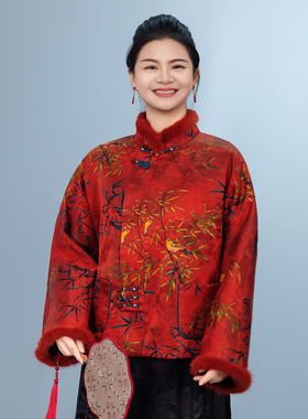 【汀兰】立领加绒加厚款长袖斜襟上衣女装中国风红色251111W