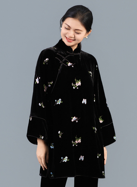 【彩蝶】真丝丝绒刺绣斜襟新中式太太服复古风国风中式简约250830