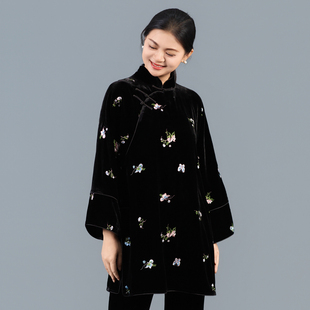 【彩蝶】真丝丝绒刺绣斜襟新中式太太服复古风国风中式简约250830