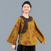 上衣中国风新中式 圆领斜襟拼接长袖 香云纱短款 富婆风 金禧裳