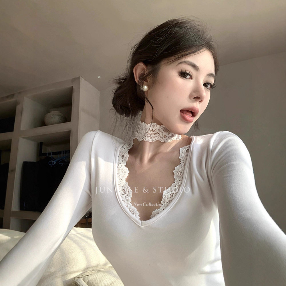 打底衫女长袖性感辣妹V领蕾丝花边choker颈带不规则显瘦内搭上衣