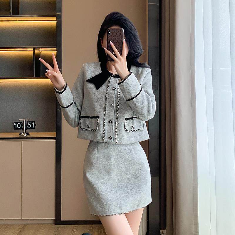 实拍 小香风套装女小个子2025年冬季修身蝴蝶结半身裙短裙两件套