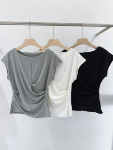 欧洲站2026春季 欧货时尚 圆领不规则下摆褶皱设计感短袖 上衣女 新款