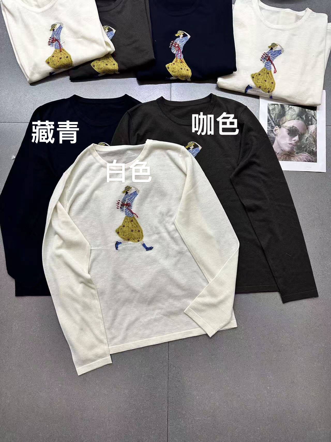 欧洲站2026年秋季新款圆领长袖常规版印小人宽松毛针织衫上衣
