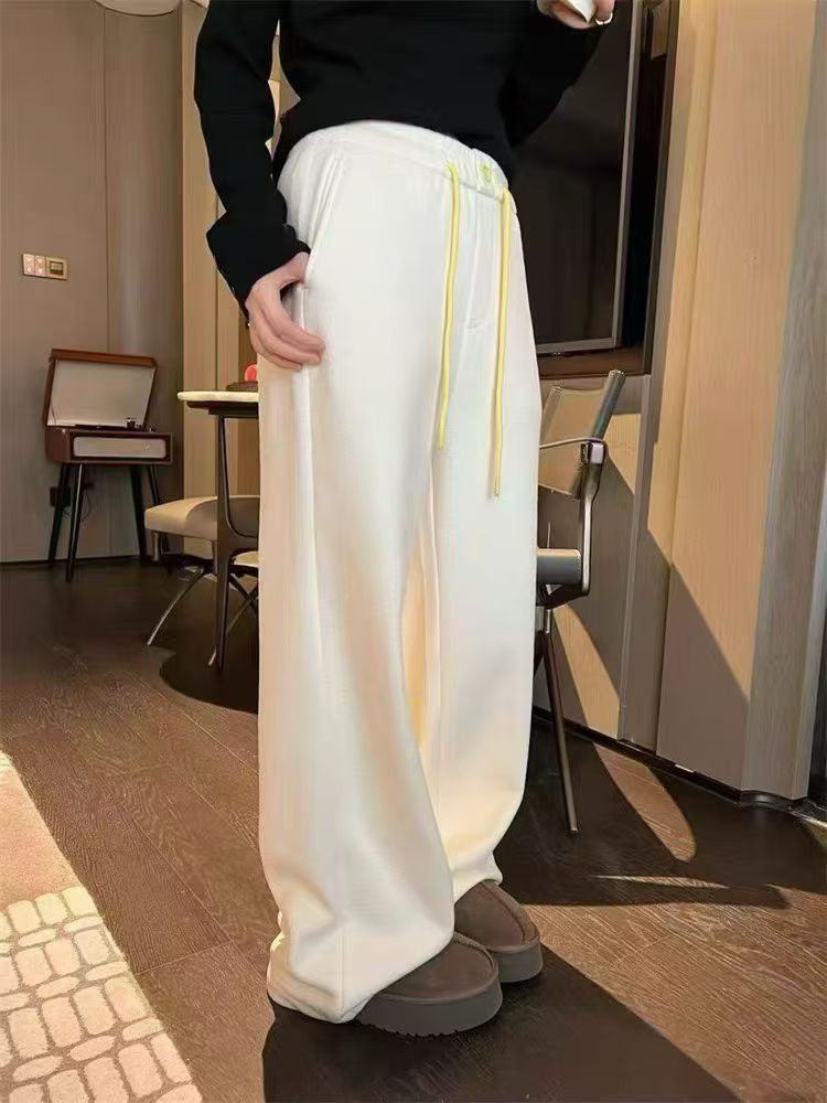 欧洲站2025冬季新款 欧货时尚高腰显瘦百搭拼色抽绳加绒毛呢卫裤