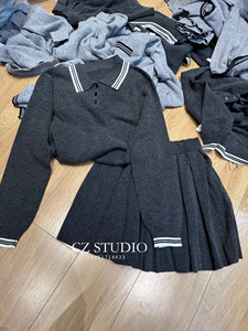 欧洲站2024秋冬新款时尚翻领长袖针织衫+高腰半身裙时尚套装女