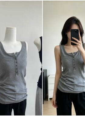 中长款打底衫背心钮扣螺纹棉拼接修身显瘦内搭叠穿