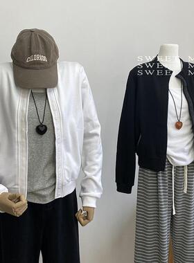 韩系复古立领减龄小外套女纽扣撞色补丁布显瘦气质开衫卫衣