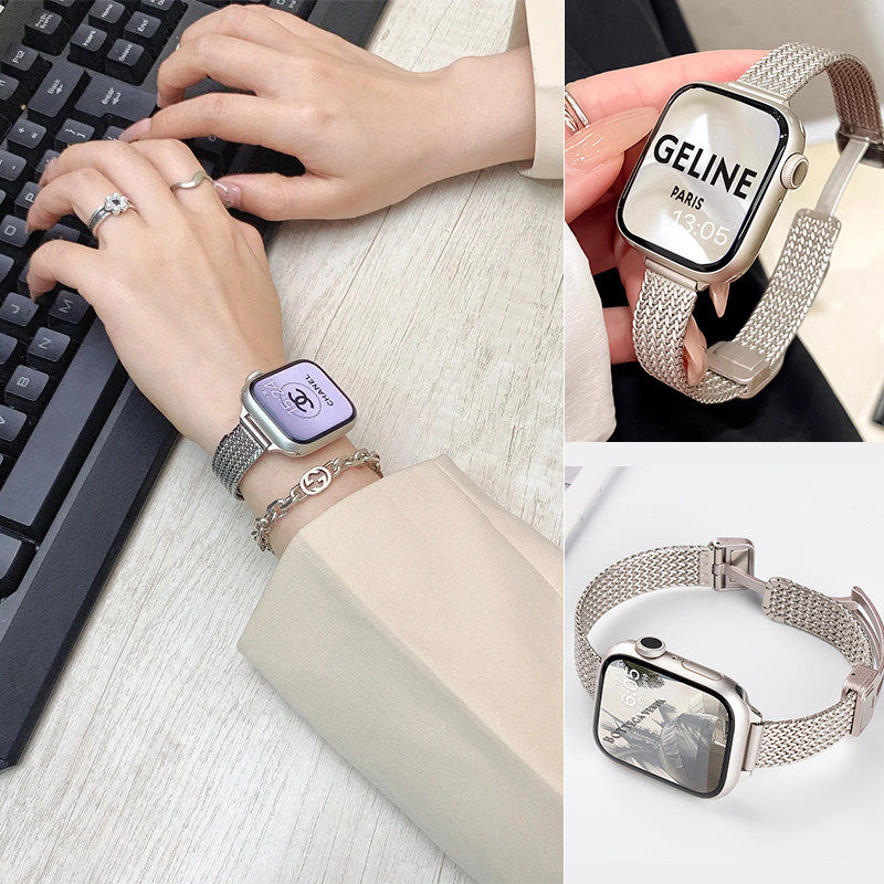 适用苹果手表s9表带小香风细麦穗女款高级感磁吸金属iwatch8765se