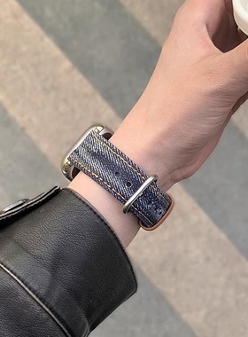 iwatch老钱风撞色丹宁牛仔复古表带适用苹果applewatchS10987手表