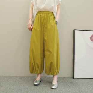 子宽松高腰褶皱薄款 夏季 直筒灯笼气球裤 新款 女简约休闲 九分阔腿裤