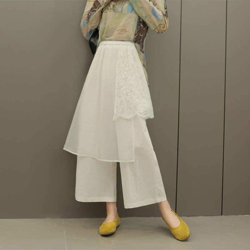 春夏季新款八分九分裤子直筒阔腿裤假两件网纱蕾丝屁帘宽松高腰女
