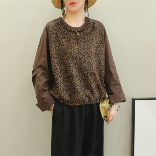 新款 打底衫 长袖 豹纹麂皮绒拼接宽松上衣小衫 简约 T恤女插肩袖 秋季
