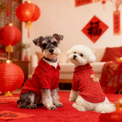 新年双层领红色猫狗喜庆毛衣