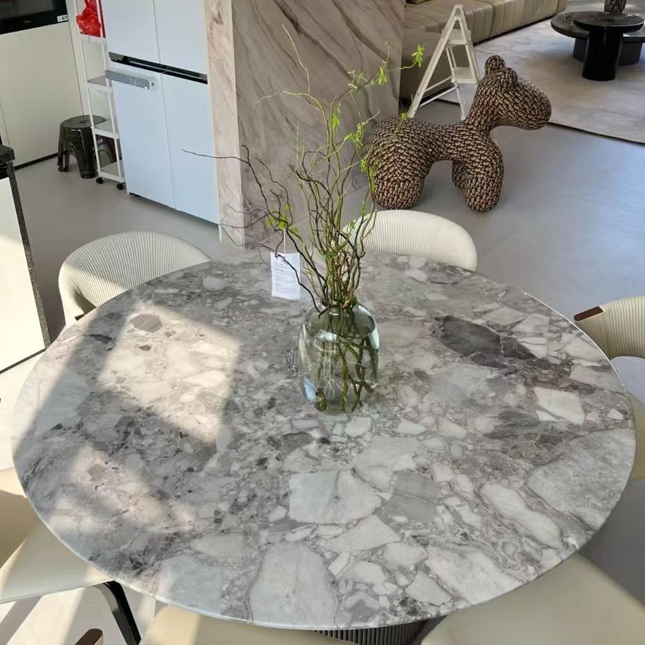 进口奥利奥灰奢石圆桌意式现代简约高端天然大理石奢石圆形餐桌