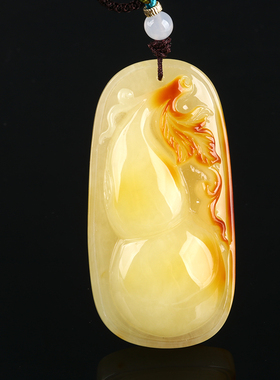 欧说珠宝 19.32克福禄双全原矿鸡油黄俏色巧雕葫芦蜜蜡吊坠项链