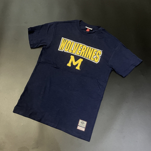 美单 NCAA密歇根棉圆领宽松嘻哈加肥大码短袖运动投篮服潮t恤