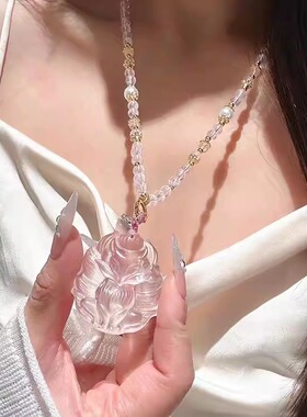 Gemgarden天然九尾灵狐粉水晶项链狐狸吊坠链百搭粉色桃花雕刻