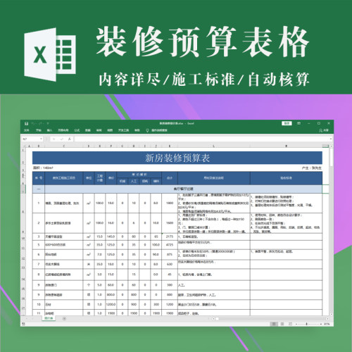 2021新房装修预算报价表格模板 装修验收材料清单及价格Excel表格