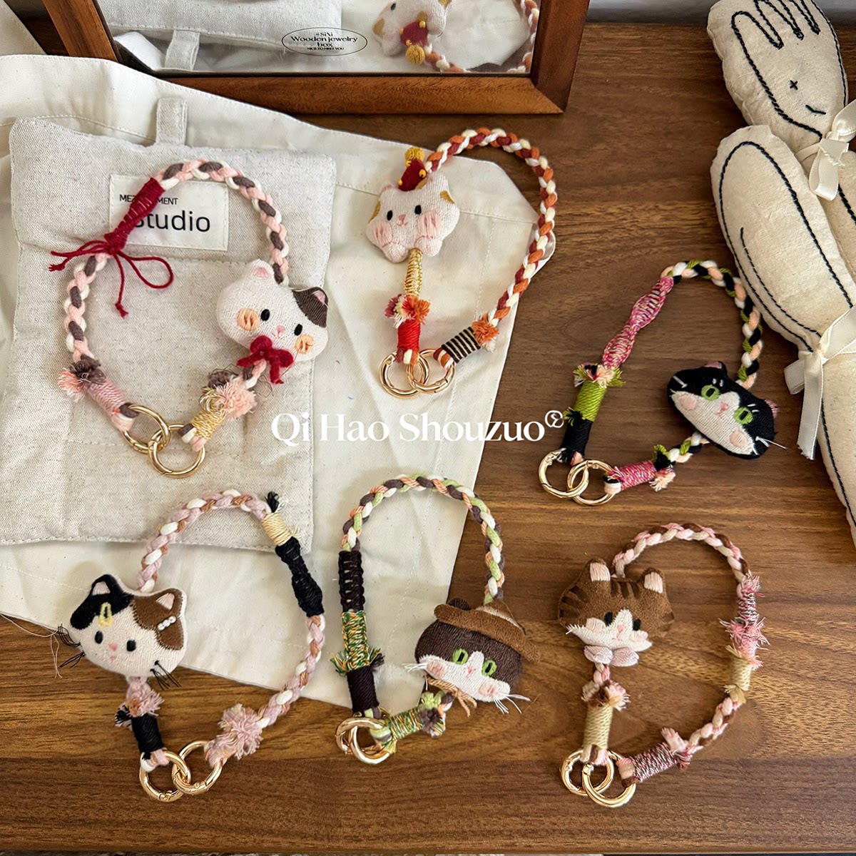 手工编织手机挂绳可爱猫咪手机链双扣电话挂绳相机手腕挂绳手提绳
