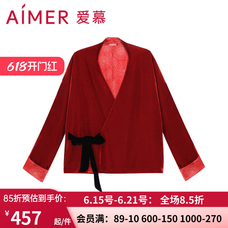 爱慕真丝绒国风红色家居上衣