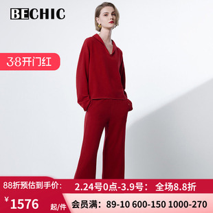 BeChic居家时光翻领分身家居套装 女士秋冬红色休闲睡衣BC46CR2
