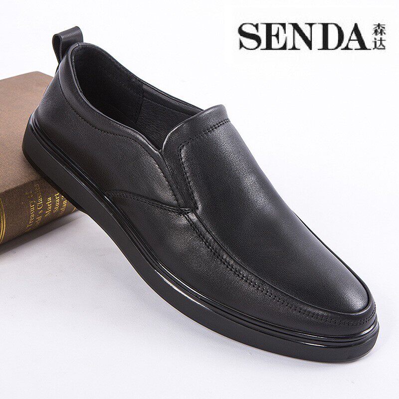 森达商务男鞋圆头一脚蹬平底男士皮鞋 头层牛皮商场同款