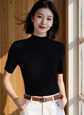 扬子纱气质黑色半高领羊毛中袖