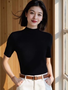 德国扬子纱气质黑色半高领羊毛中袖针织衫女2026秋冬打底上衣内搭