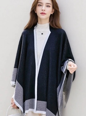 by onion 高级感撞色羊毛斗篷披肩女春秋季慵懒保暖围巾针织外套
