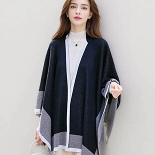 by onion 高级感撞色羊毛斗篷披肩女春秋季慵懒保暖围巾针织外套
