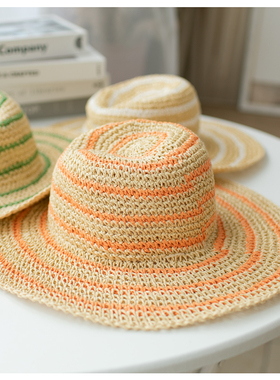 沙滩度假夏季条纹草帽女防晒遮阳帽子韩版绿色大沿防紫外线透气